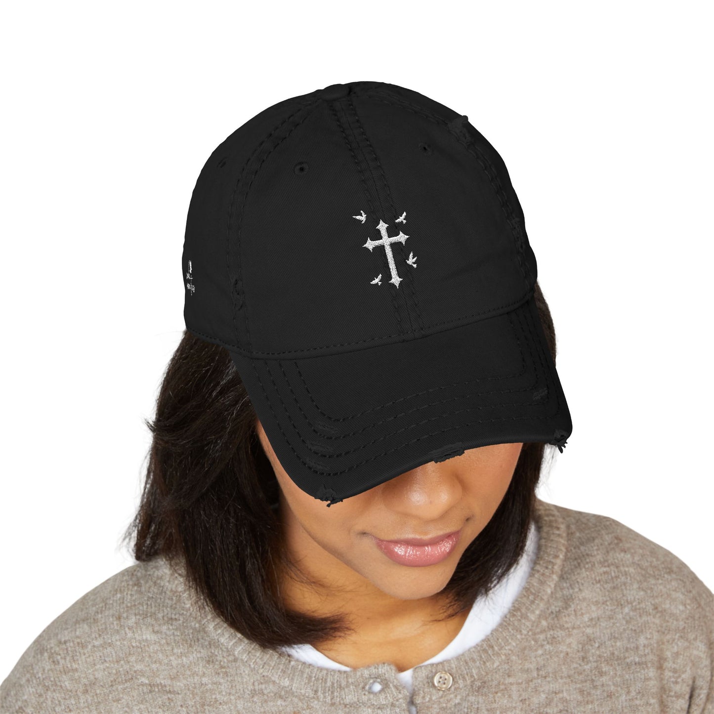 Distressed Embroidered Cross Hat